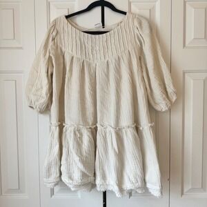By Together Cream Gauze Babydoll Tunic Top Tiered Ruffle Raw Hem Womens Medium